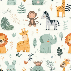 Obraz premium Cute cartoon jungle animals in seamless pattern