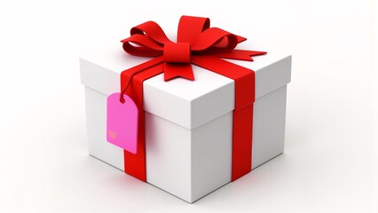 Obraz premium A white gift box with a red ribbon tied around it.
