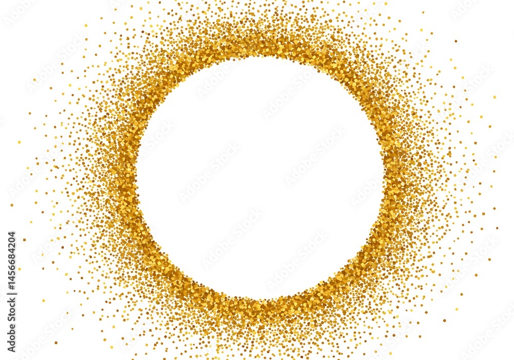 Poster a circular frame made of golden glitter particles on a white background with a central empty space