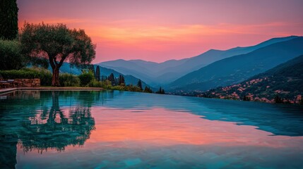 Fototapeta premium Infinity pool reflecting colorful sky over a valley