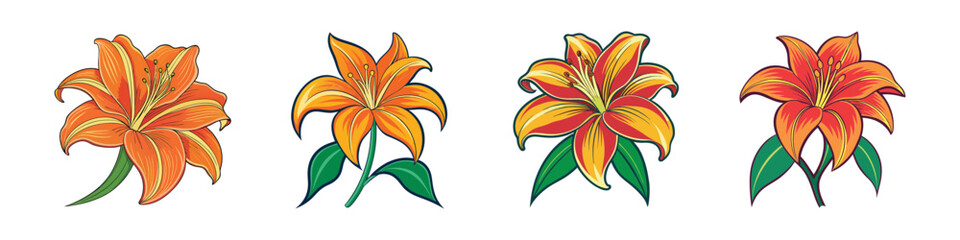 Obraz premium Collection of Four Vibrant Orange and Red Lilies with Green Leaves