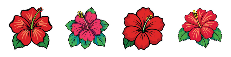 Hibiscus Flower Vector Illustration Collection in Vibrant Colors with Bold Outlines © Designhoost Ltd