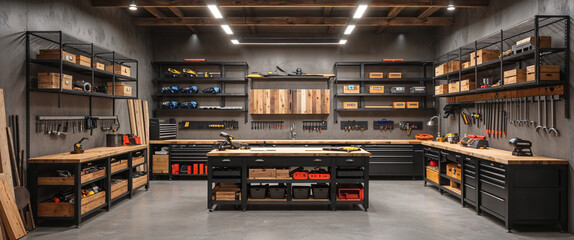 Well-organized modern workshop interior with tools, workbenches, and storage solutions