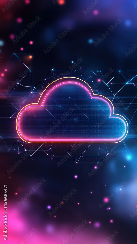 Aufkleber cloud computing illustration with neon glow and network connections in abstract style for technology