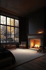 Cozy bedroom interior with fireplace and winter view, dark moody style, warm light, inviting atmosphere, indoor scene