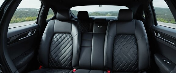 The rear seats with black leather upholstery and quilted pattern inside a car