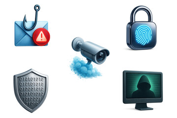 Set of cybersecurity icons with phishing alert, fingerprint lock, surveillance camera, shield, and hacker on transparent background