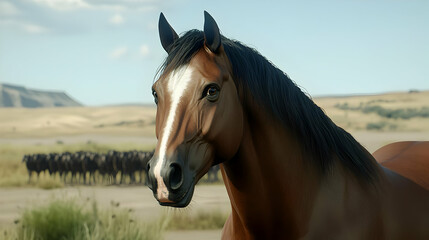 Obraz premium Brown horse portrait, plains background. Herd of other animals visible in the distance