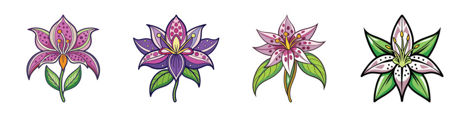Collection of Four Ornate Lily Flowers with Different Color Schemes and Styles