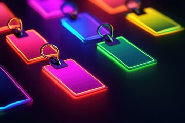 Colorful neon price tags glowing against black background