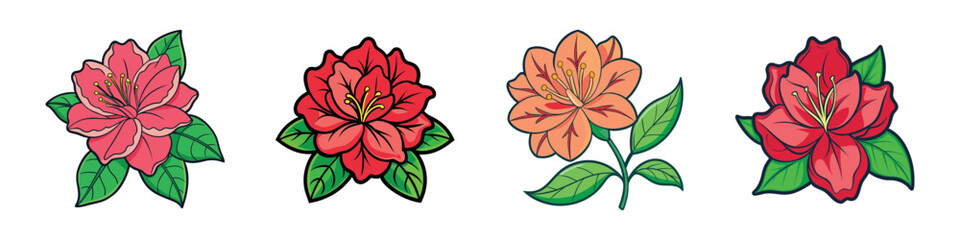 Four Beautiful Azalea Flower Cartoon Illustrations in Vibrant Colors and Unique Designs