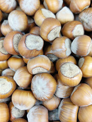 Close-up of a pile of hazelnuts showing their smooth brown shell and textured surface. Concept of using quality nuts for dietetic and vegetarian nutrition, benefits of eating natural products