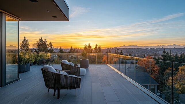 Modern rooftop patio with panoramic sunrise views