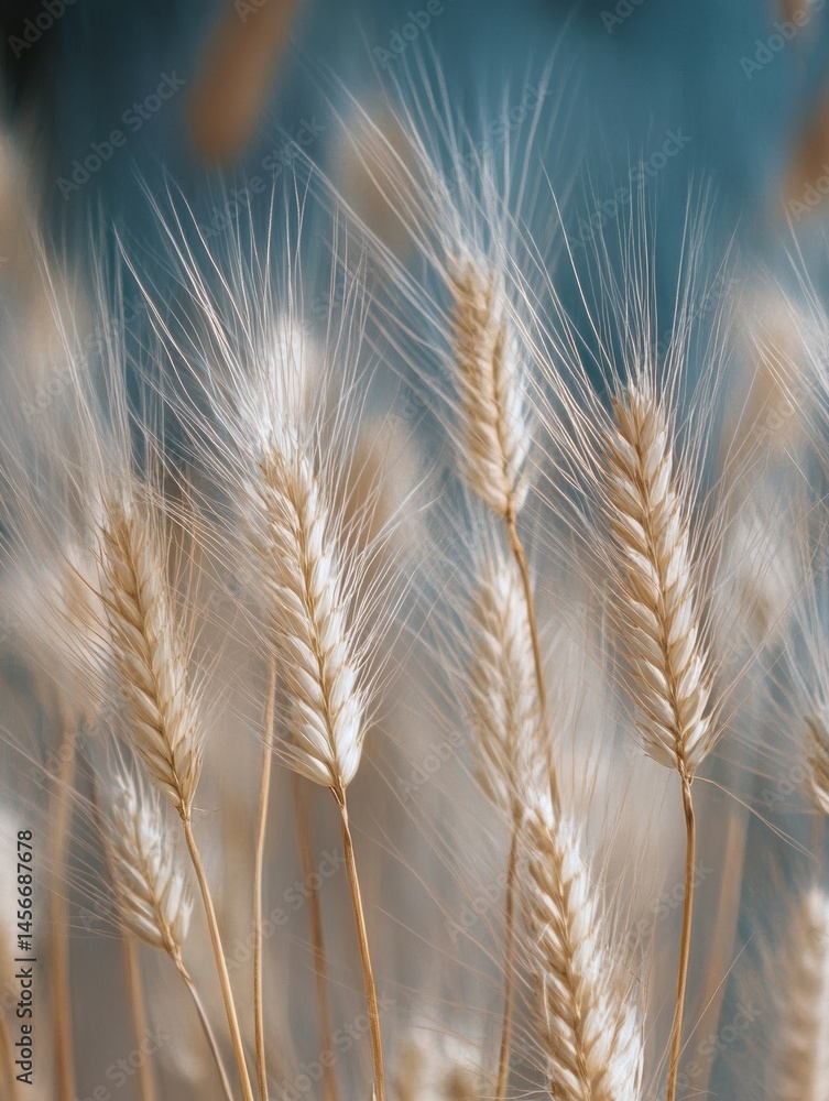 Poster close up of golden wheat stalks in a field with a blue background in soft focus for a dreamy effect
