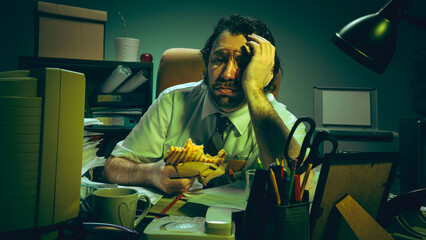 Tired employee holds sandwich with blank stare at chaotic desk surrounded by paperwork, showing burnout, exhaustion, stress emotions, pressure. Concept of retro office, corporate life, overwork