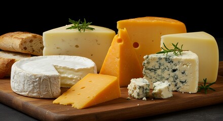 Assorted cheeses on a wooden board