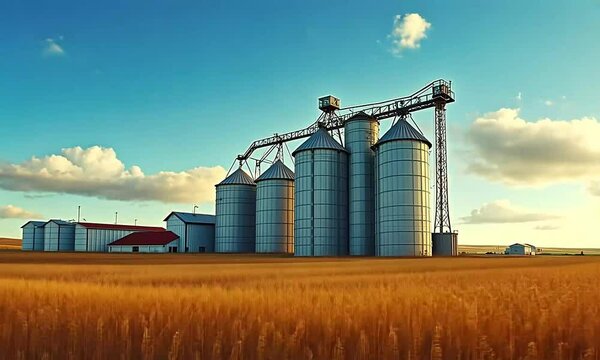 Grain storage silos in rural landscape