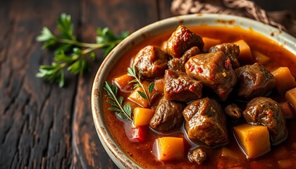 Fototapeta premium Aromatic Hearty Stew with Tender Meat and Fresh Vegetables Served in a Rustic Bowl for Comforting Meal