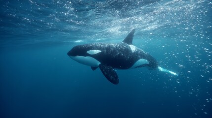 Fototapeta premium a killer whale swimming underwater in the deep blue sea.