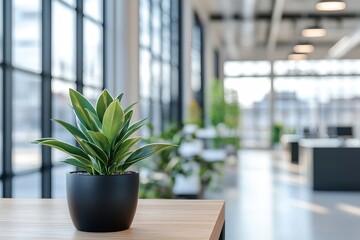 Modern office interior with a small potted plant