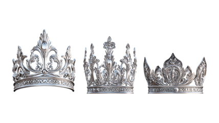 Set of Three Silver Crowns Against Transparent Background