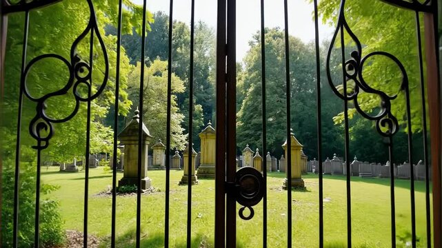 Elegant gates opening to a tranquil cemetery surrounded by trees  