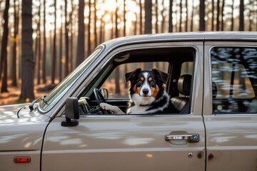 Dog sitting in driver's seat of car, looking out window with curiosity, black and white mixed coat, parked in forest at sunset. Concept of dog sitting in driver's seat of car, pets included.