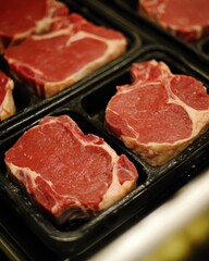 Raw T-bone Steaks in Black Trays Close Up Fresh Meat Display in Supermarket Butcher Shop Food Photography