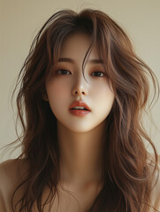 Young woman with natural makeup showcasing radiant skin and casual hairstyle in a soft indoor setting