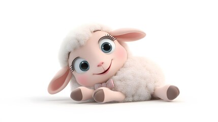 Playful cartoon sheep lying on a white background.