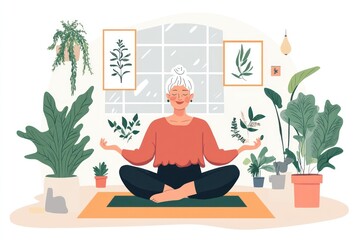 Fototapeta premium Senior woman doing yoga and breathing exercise indoors
