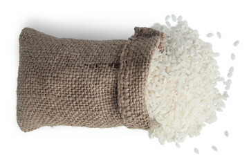 Rice grains spilling out of burlap. Isolation on transparent background.