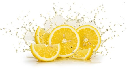"Mixed citrus fruit slices lemon mid-air, with detailed pulp, rind, and subtle shadows, isolated on white


