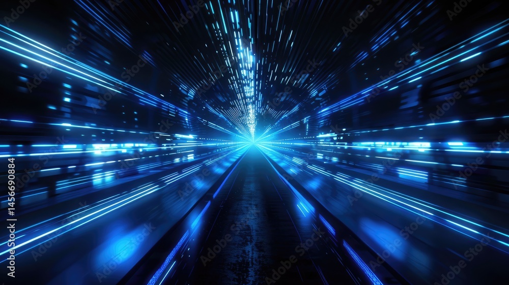Poster a stunning visual of a futuristic blue light projected in a dark space. the dynamic rays create a ca