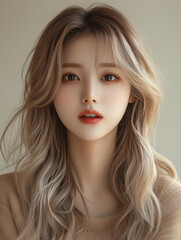 Korean woman with flawless skin and makeup showcasing stunning hair in a natural setting during soft daylight