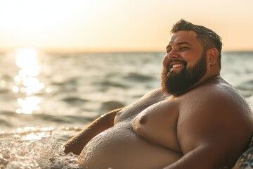 Confident plus size man enjoying beach day
