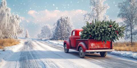 A Red Truck Carries a Christmas Tree Through a Snowy Winter Landscape