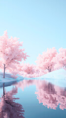 photorealistic nature images of cherry blossom trees by the lake during spring bloom, pastel minimalistic style