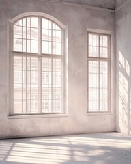 Fototapeta premium Interior view of empty room with large arched window and sunlight streaming in, architectural detail, minimalist style, studio shot
