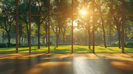 Naklejka premium Interior View of Lush Green Park Through Large Window at Sunrise with Wood Flooring and Natural Light