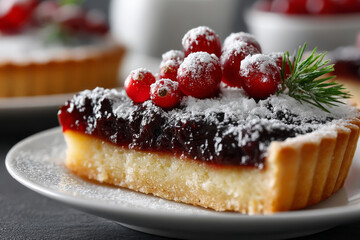 Slice of lingonberry tart with powdered sugar and berries