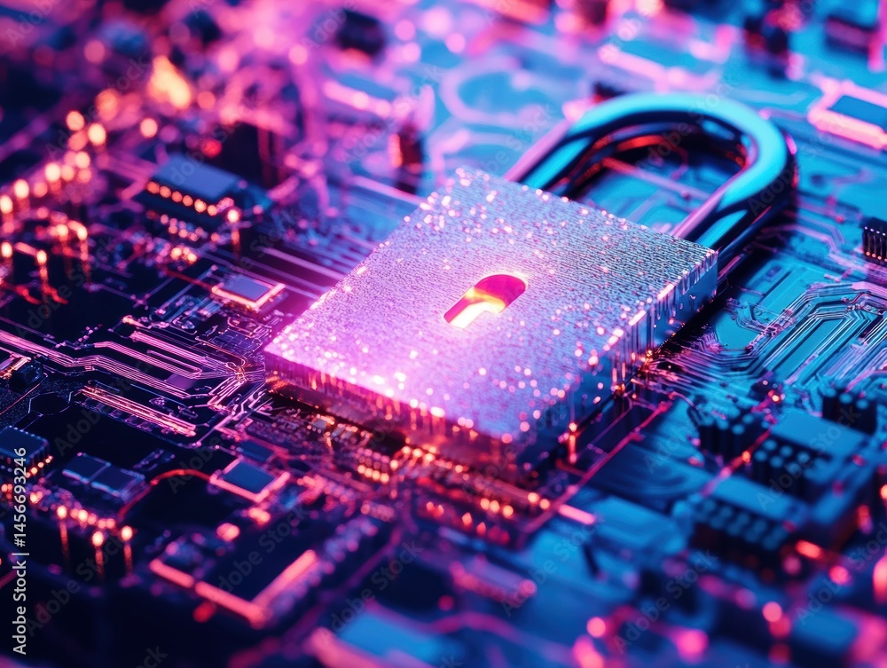Poster padlock on circuit board close up security concept cyber security data protection digital safety fut
