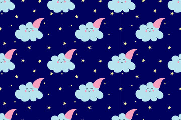Beautiful seamless pattern for textiles, packaging, backgrounds, wallpapers. Cute blue cloud with  pink hood in  night starry sky. Child's character.