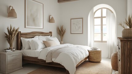 A cozy bedroom interior with natural elements.