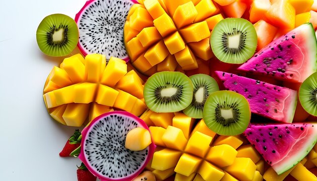 Vibrant fruit medley showcase kitchen table food photography bright overhead view healthy living inspiration
