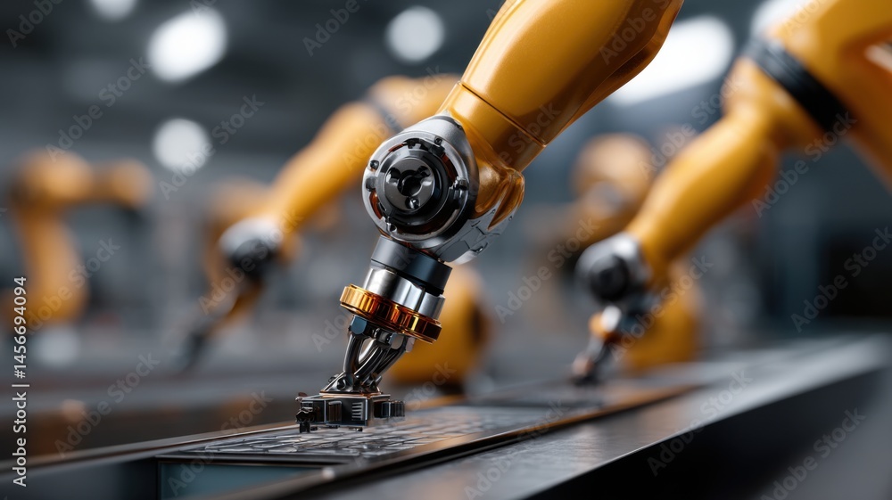 Poster robotic arms precisely assemble components on an automated production line in a modern industrial fa