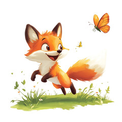 Cartoon Fox Chasing a Butterfly Isolated on Transparent Background