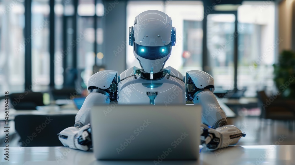 Poster science fiction picture of high tech robots for chat bot program, assistance technology about inform
