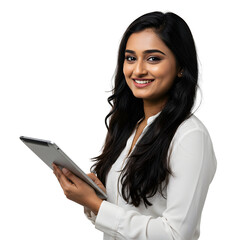 Smiling indian businesswoman holding digital tablet with transparent background