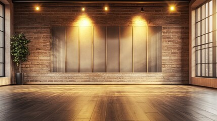 Empty ballet studio with rustic wooden flooring and soft spotlights on the mirrored wall